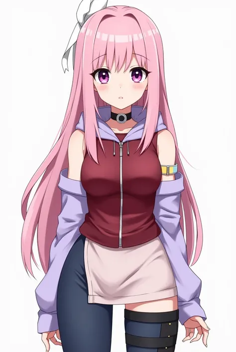 Physical Appearance:

Hair: Long, soft pink hair tied neatly with a white ribbon at the back. The hair flows straight down to the shoulders, giving an elegant yet energetic vibe.

Eyes: Large, bright purple eyes that radiate confidence and warmth, reflecti...