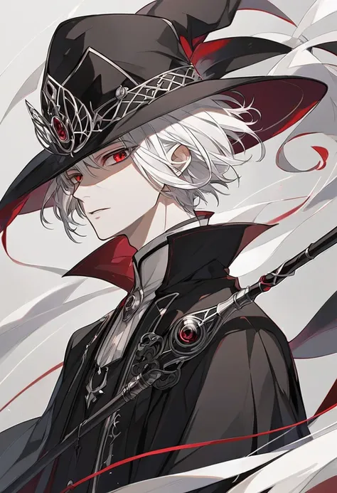 Handsome, 20s, solo, 1 male, solo, male, red eyes, short hair, black and white hair, warlock, staff, black robe