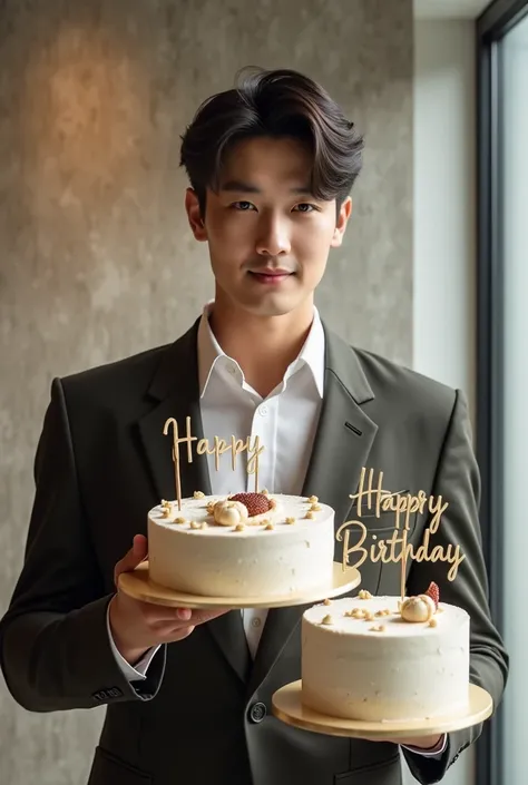 A handsome Asian guy dressed in korean style holding a 30 year old birthday cake with the words happy birthday dhe mozza art modern classic themeHigh Resolution, 