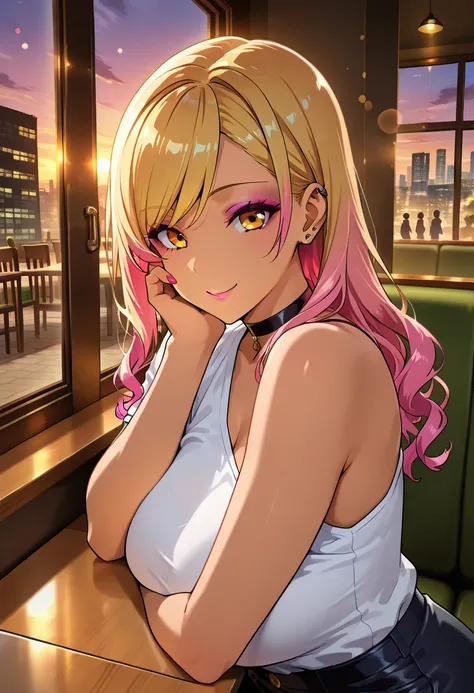 masterpiece, best quality, newest, absurdres, highres,1girl, curvy, gyaru, wavy hair, swept bangs, gradient hair, blonde hair, pink hair, yellow eyes, eyeshadow, piercing, bedroom eyes, smile, hand on own face, casual clothing, choker, single bare shoulder...