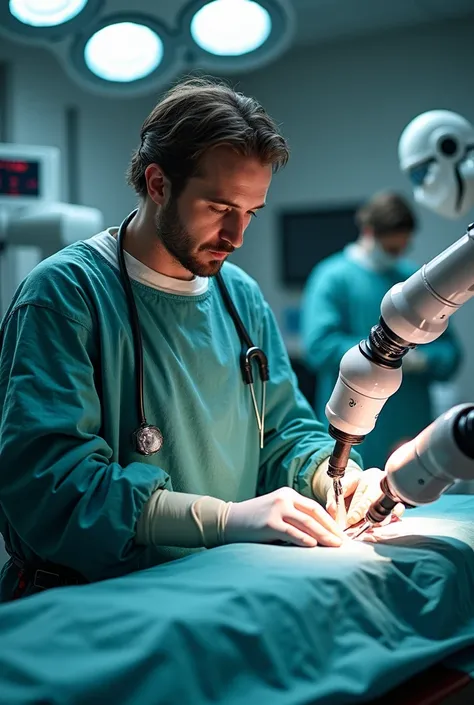 Leonardo da Vinci’s Robotic Surgery: "A vision of Leonardo da Vinci using advanced robotics for a futuristic surgery. He’s wearing a mix of Renaissance clothes and modern medical gear, working in a high-tech operating room with robotic arms performing deli...