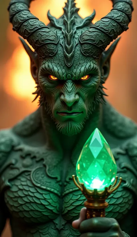 full Body photorealistic handsome Hunky Forest Spirit, skin made scales and fins filigree, holding a glowing green emerald jewel staff,. Bursting fire as background face frontal camera focus asymmetrical face details,charachter, beautiful, devian art, tren...