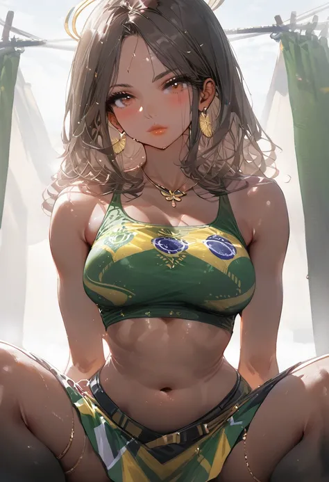 digital painting, Brazilian, Latina, woman, on her knees, straight curly brown hair, brown eyes, brown skin, Brazilian flag skirt, crop top, exposed navel, holding Brazilian flag, MILF,