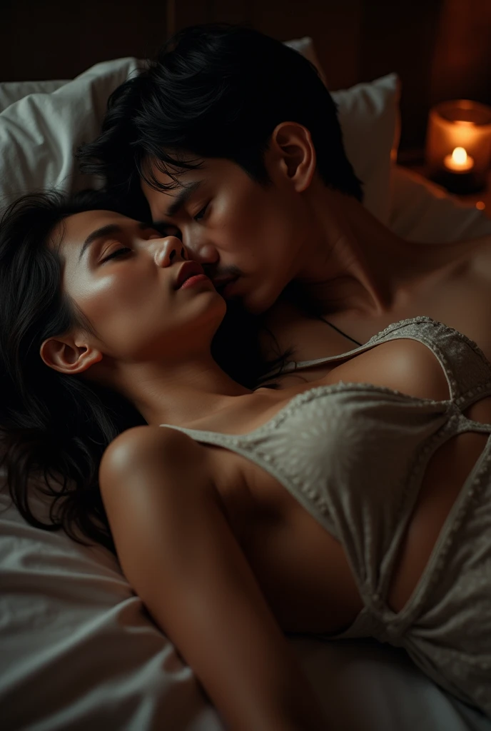 A young chinese man unshirtless is lying with his head on the lap of a beautiful prostitute young thailand woman, natural medium breast, thin, cleavage, brown skin, exotic skin, night dress, hiperrealistik, realistic skin, natural skin, perfect anatomy, da...