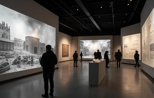 "An interior view of a museum in Dresden dedicated to the 1945 bombing, showcasing artifacts, photographs, and an interactive digital display. The lighting is soft and solemn, with visitors reflecting on the exhibits in a minimalist yet impactful design."