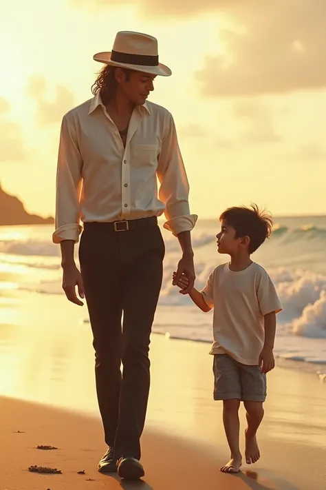 Michael Jackson and a boy holding hands walking on the beach 