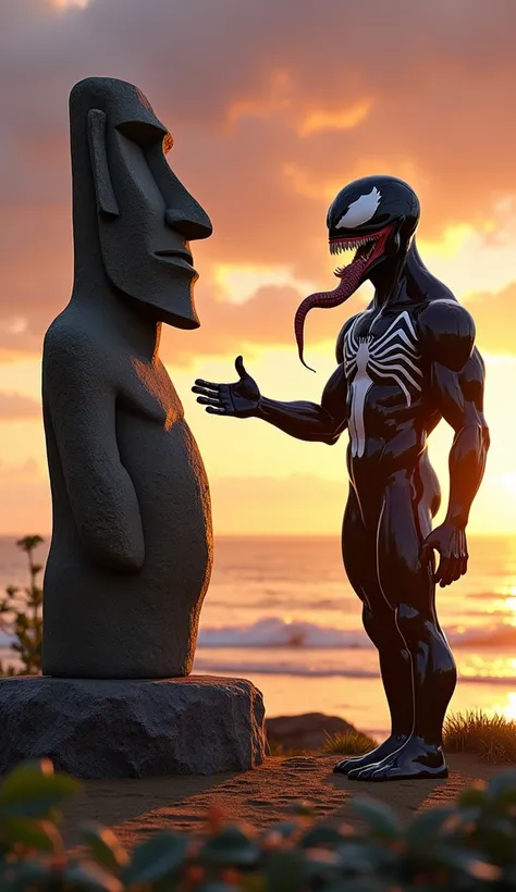  OK 。So then、 I suggest a prompt for the scene where Venom and the Moai statue are together ：

**「A unique co-star ： Moai Island at sunset 」**：

 - What spreads out in the background 、 Orange in the sunset Dyed Sky and Quiet Sea 。
 - In the center of the s...