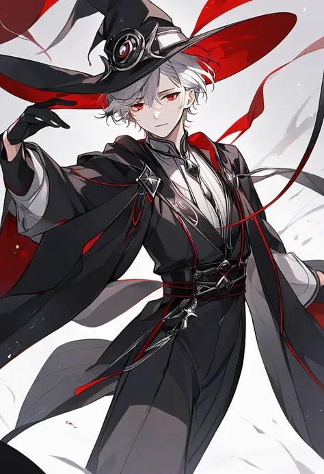 Handsome, 20s, solo, 1 male, solo, male, red eyes, short hair, black and white hair, warlock, black robe