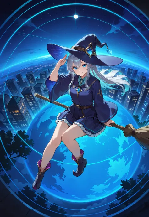 masterpiece, best quality, newest, absurdres, highres,1girl,azure color eyes, grey hair, long hair, witch hat, collared shirt, robe, wide sleeves, pleated skirt, frilled skirt, pointy footwear, Sitting astride a broom and flying through the air, night sky,...