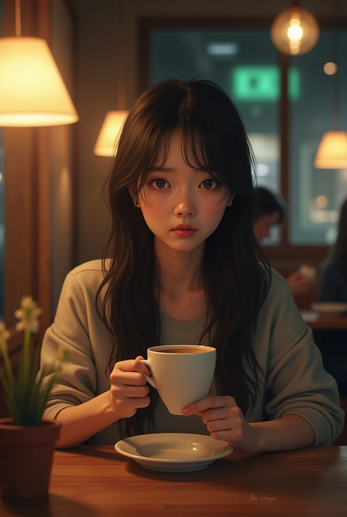 A picture of an ugly Korean girl going to a cafe