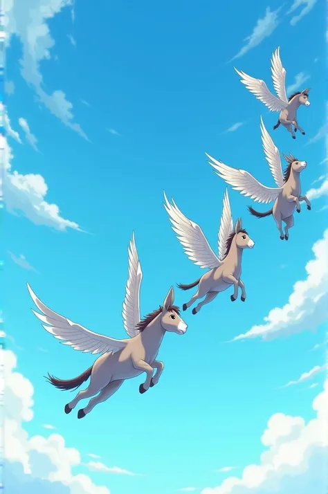 An anime-style hardback illustration of donkeys with wings flying in a blue sky with their noses soiled with blue dust