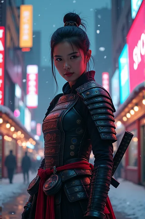 Asian woman from the movie Kill Bill dressed as a samurai in a cyberpunk Christmas atmosphere 