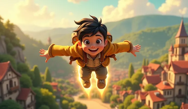 o Ali ,  flying towards his own town with flying shoes, Beautiful view of the town in the background . Draw in animation style but realistic.