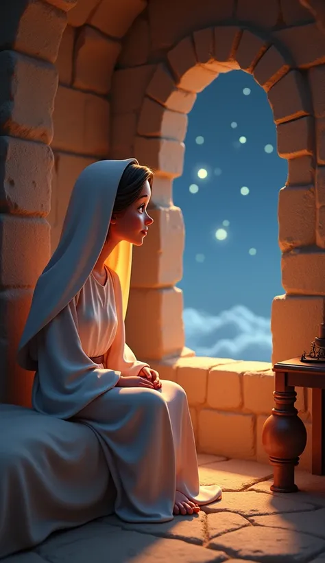 A serene 3D CARTOON Disney-Pixar illustration featuring Mary, mother of Jesus, sitting in her rustic bedroom, gazing thoughtfully out a small window at a bright, starry sky. The bedroom features textured stone walls with soft, rounded edges, capturing Pixa...