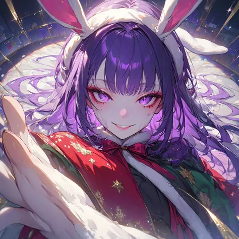  1 girl,  high definition , masterpiece,  anatomically correct,  top quality,  details, 高い details,  is damaged,  textured skin, Purple Hair,  rabbit ears ,  smiles,  fisheye shot,  glitter effects,  Christmas、 Santa Cosplay、 slender woman 、Beautiful light...