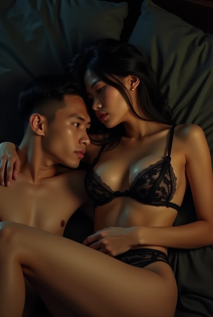 A young chinese man unshirtless is lying with his head on the lap of a beautiful prostitute young thailand woman, natural medium breast, thin, cleavage, brown skin, exotic skin, night dress, hiperrealistik, realistic skin, natural skin, perfect anatomy, da...