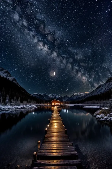 a detailed night landscape, a beautiful full moon in the night sky, a serene lake reflecting the moonlight, tall pine trees along the shore, a small wooden cabin by the lake, glowing warm lights from the cabin windows, a path leading to the cabin, fireflie...