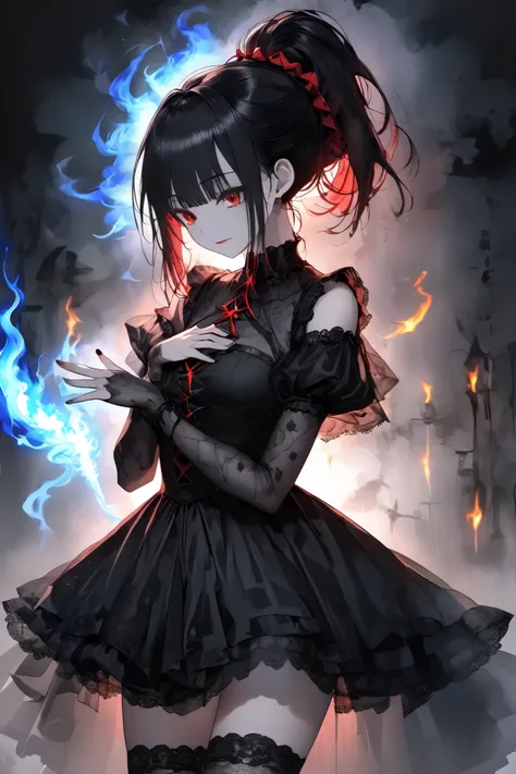 Woman in gothic Santa Claus dress, hand,Slim women、hands on chest, sacred flame in palms,Palm up. magical updrafts, spreading skirt,pale blue flame、 arm coverings, particles of magical power,from side ,from below,goth,Gothic、Lace and see-through knee socks...