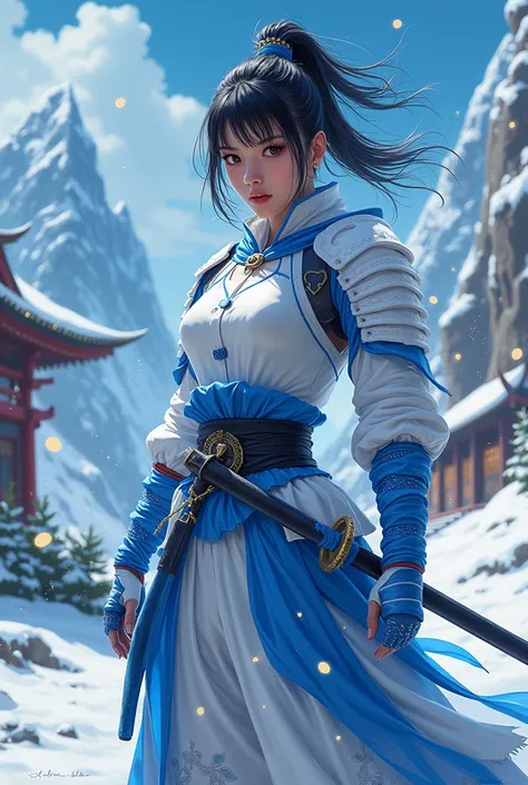  Asian woman from the movie Kill Bill dressed as a samurai (white and electric blue ) dans une ambiance dessin animé fantaisie de Noël 