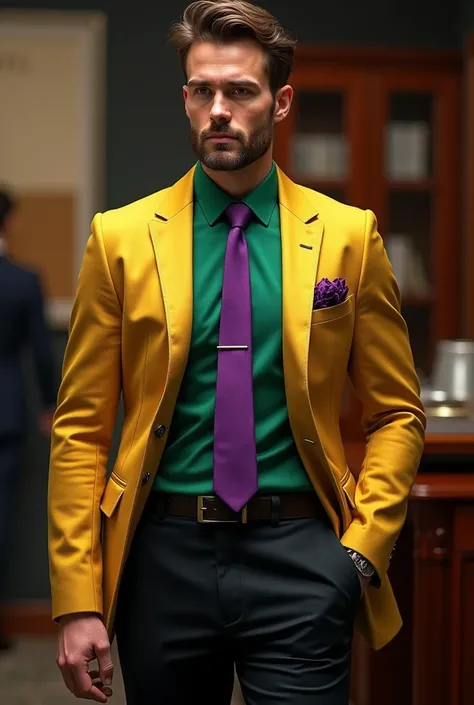 a suit that has gold jacket green poloshirt inside with violet neck tie and black pants
