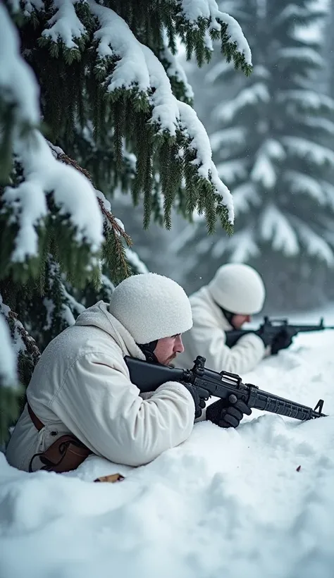 "An evocative World War II-era scene capturing Finnish soldiers hidden beneath snow-covered evergreen trees during the Winter War (1939–1940). They are wearing white camouflage uniforms, blending seamlessly into the snowy surroundings. Armed with rifles, t...