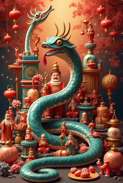 Abstract image of snake and New Year figurines 2025 basic figures and many unique images ,  the image of the snake wrapped around the characteristic elements of the New Year festival looks incredibly fancy and unique , The image of the snake is not depicte...