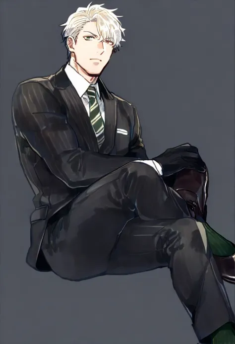 male focus, solo, ikemen, mature, male only, tough man, bold, eyes fix, flat chest, sturdy waist, 50 years old, office worker, collared shirt, tie, three piece suit, belt, slacks, tight clothes, whole body, sitting, invisible chair,  looking at viewer, (wh...