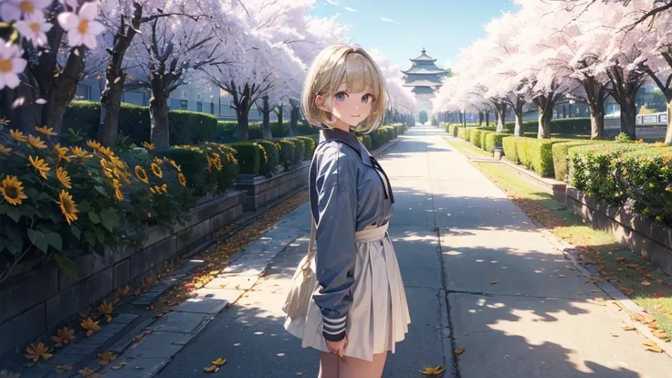  absurd ,  ultra-detailed,  bright color ,(In 8K:1.3),Masseter muscle area,( smooth and straight blonde hair:1.3), ( nostalgic scenery :1.4),Four Seasons Discount々of々of風景, (光沢ofある髪:1.2),(Trimmed bangs:1.4), beautiful、And aesthetic , Concept Art ,cherry blo...