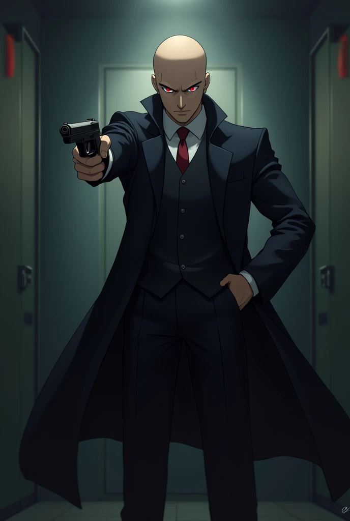 A bald anime character with red eyes holding a pistol wearing coat suit standing in a dark room in anime style