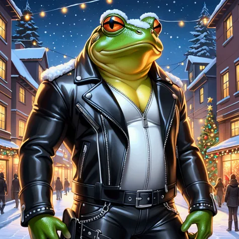 Closeup, An extremely badass anthropomorphic light blue and white bullfrog with a bold, stylish look, wearing an insanely cool black leather biker jacket open with zipper details, black shirt, black leather biker gloves, black leather biker pants, giving i...