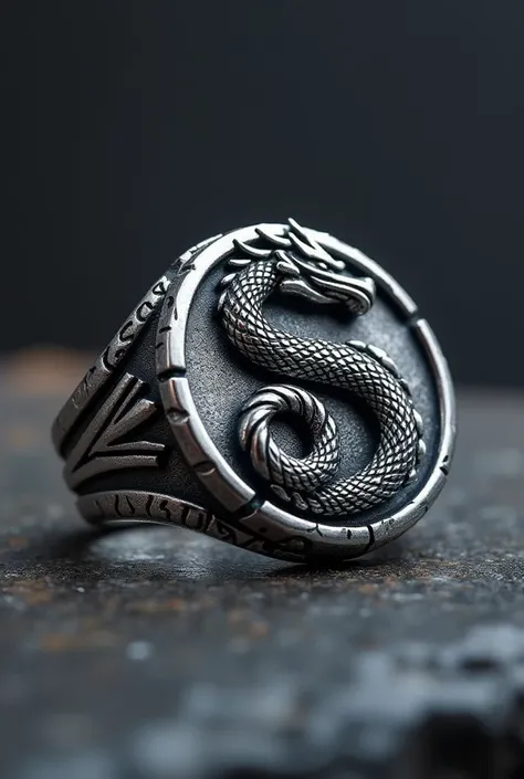 Mens silver round signet ring with the letter S in the shape of a dragon