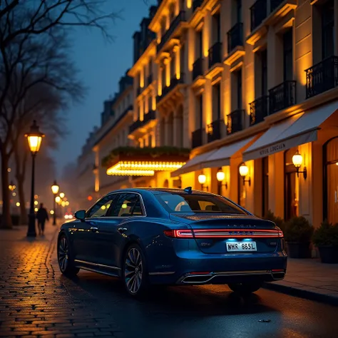  Lincoln Continental 2019 in a deep dark blue color stands near an expensive hotel in Paris, Night, горят желтые уличные огни, romance