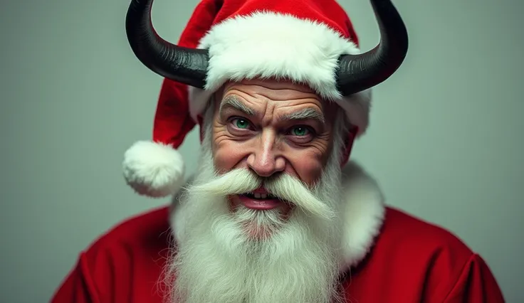 A real picture showing a trunk of a man with white upper beards, with green eyes looking like devil in white and red Christmas clothes, looking quite happier with horns displayed in his Christmas cap