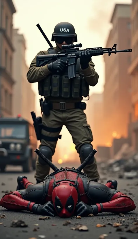 "Create an image depicting the aftermath of a battle, showing Deadpool defeated.

Scene Description:
Deadpool lies face down on the ground, his red and black suit torn and dirtied, with his arms stretched behind his head in a submissive position. His signa...