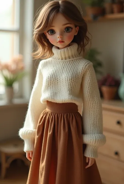 Full body female doll wearing white sweater with brown long skirt