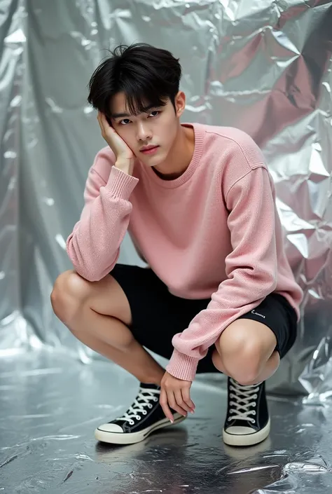  A young Korean man with neat hair in black style wears a sweater shirt of pink color motif he is on top of a doll ,Black Chino shorts Converse shoes ,  squat right leg forward holding his knee . The background of the trunk is made of aluminum foil materia...