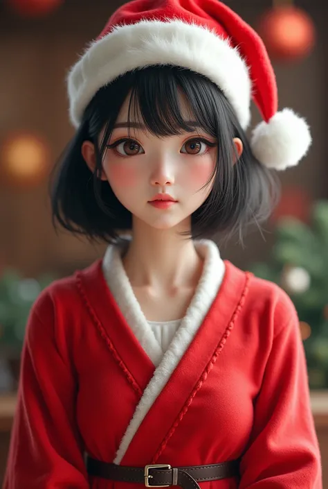  woman wearing a santa hat and dress, , wearing santa hat, wearing a santa hat, black hime cut hairstyle, pale white, girl, korean face, realist girl, red clothes, no too skiny, and her head and body are simtercals, no skiny, chrismas santa clothes