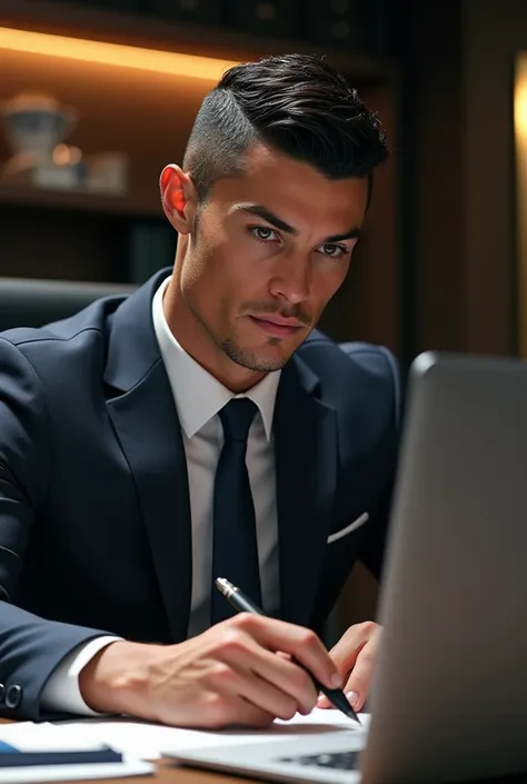 Cristiano Ronaldo sitting at his desk and working