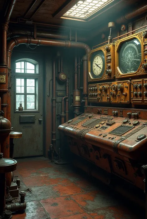 Create an engine room with rusty steampunk-style computers
