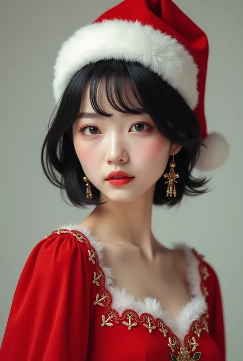  woman wearing a santa hat and dress, , wearing santa hat, wearing a santa hat, black hime cut hairstyle, pale white, girl, korean face, realist girl, red clothes, no too skiny, and her head and body are simtercals, no skiny, chrismas santa clothes, adult