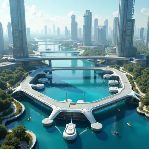 Sci Fi Future Industrial City With Crystal Clear Water Hub With Large Bridge, The City Has High-Tech Water Transportation, Sci Fi House at Side The Water Hub. 