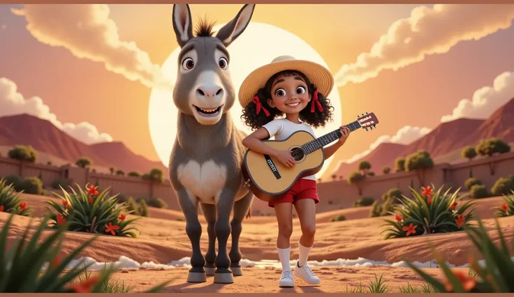 INSPIRED BY DISNEY PIXARS PROMOTIONAL POSTERS IN 3D, HIGH RESOLUTION AND HIGH QUALITY, CREATE AN ATTRACTIVE, EYE-CATCHING IMAGE THAT IS PERFECT FOR THE COVER OF A VIDEO. THE IMAGE SHOULD REPRESENT IN A SCENE THE JOURNEY OF THE HAPPY DONKEY (THE POSTER SHOU...