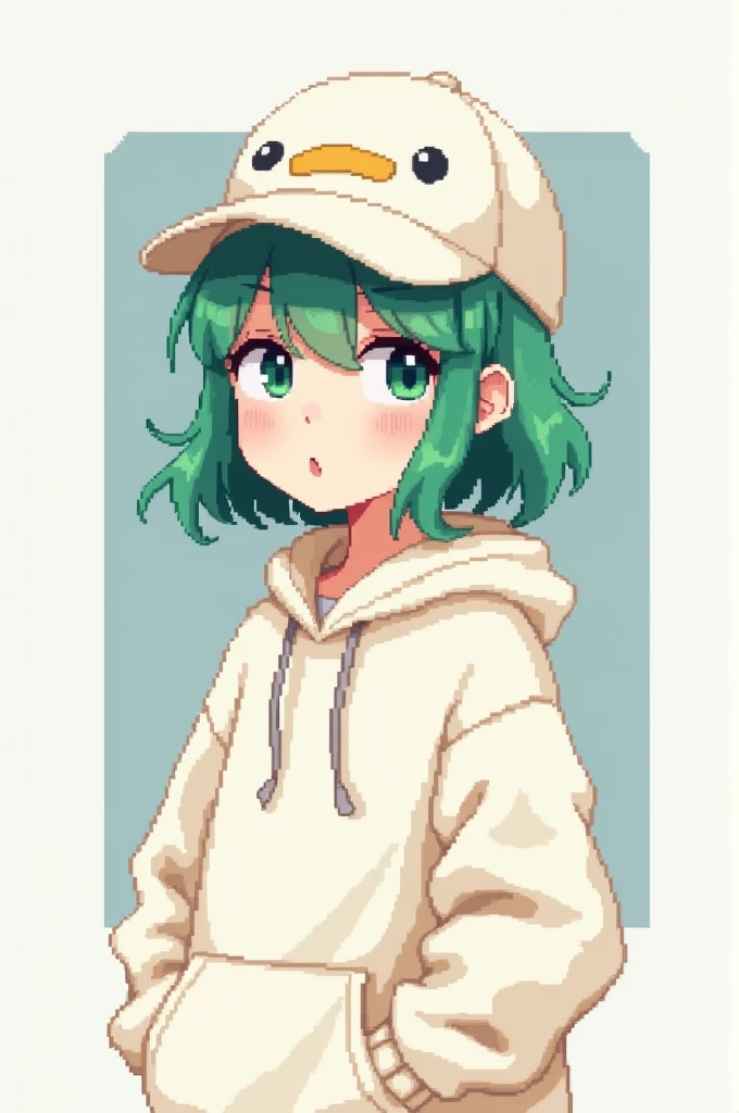 I want a pixel girl 16x27 have white hodie have hat green hair
