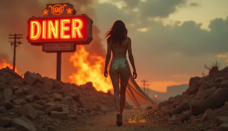 A beautifull big breast striking woman in sequined high heels and a retro-futuristic dress walks confidently across a landscape of smoldering rubble. With every step, small glowing sparks trail behind her, casting light on a ruined 1950s diner sign.