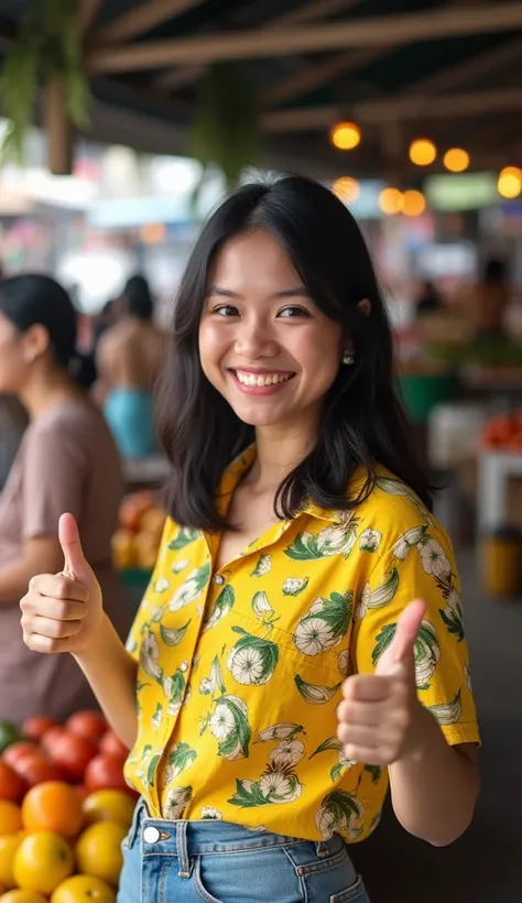 Smile, pale skin tone, cute face, black hair,Sundanese-Javanese,plump,chubby,big body,big figure,candid,girl,woman,, thumbs up,wide hips, city,outdoors,candid,market,stalls,seller,fruit seller,22 years old,shirt with banana pattern