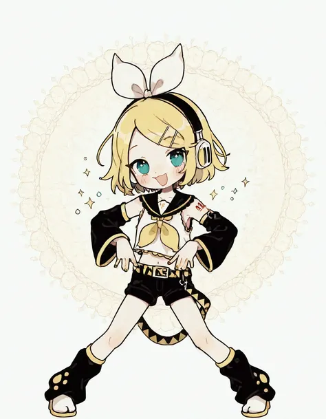 KAGAMINE RIN(vocaloid),solo,1female(cute,kawaii,KAGAMINE RIN(vocaloid),chibi,light yellow hair, short hair,red tattoo of numbers"02" on shoulder,(big white bow),sleeveless white shirt,detached black arm bell sleeves,(arm sleeves are black bell sleeves:1.2)...