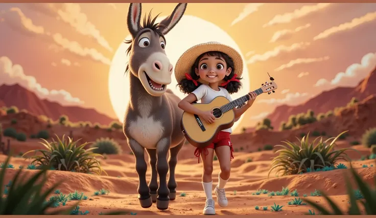 INSPIRED BY DISNEY PIXARS PROMOTIONAL POSTERS IN 3D, HIGH RESOLUTION AND HIGH QUALITY, CREATE AN ATTRACTIVE, EYE-CATCHING IMAGE THAT IS PERFECT FOR THE COVER OF A VIDEO. THE IMAGE SHOULD REPRESENT IN A SCENE THE JOURNEY OF THE HAPPY DONKEY (THE POSTER SHOU...