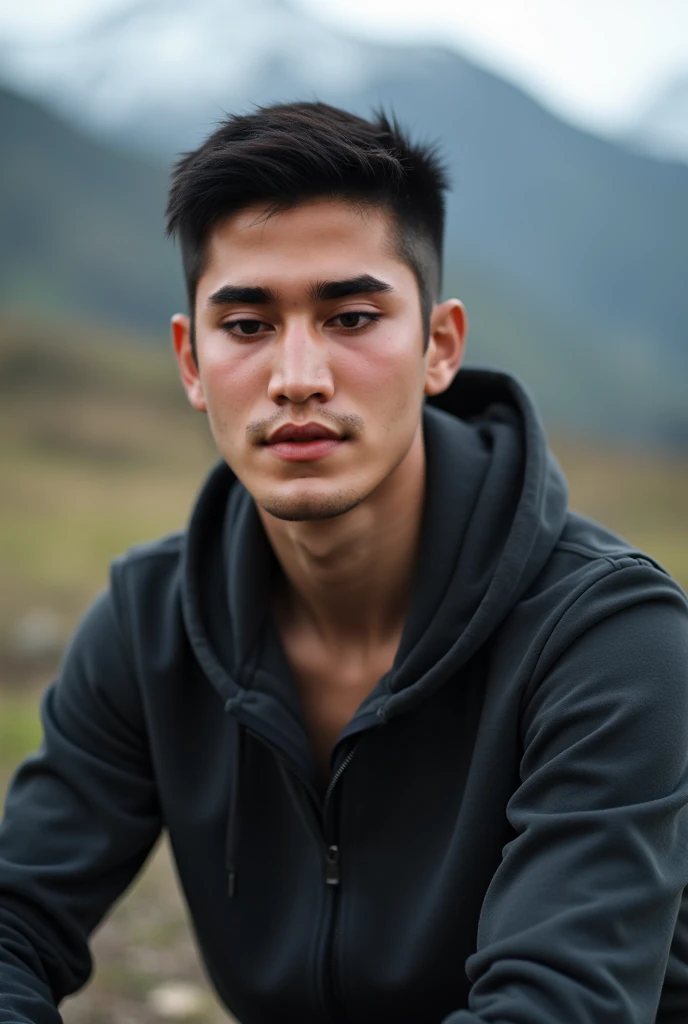 Real human photo, bagas  is a 25 years old ,.medium tall body,  shorr pixie  straight  black hair and fair skin. He has well-defined eyebrows, large black eyes, and a neutral expression on his face. He is sitting on the ground facing forward, background mo...