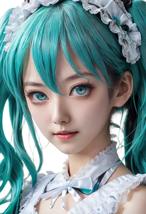 Hatsune Miku wearing an maid dress, drunk expression, Hatsune Miku, beautiful detailed eyes, beautiful detailed lips, extremely detailed face, long eyelashes, photorealistic, 8k, hyper-detailed, high quality, vibrant colors, cinematic lighting, studio ligh...