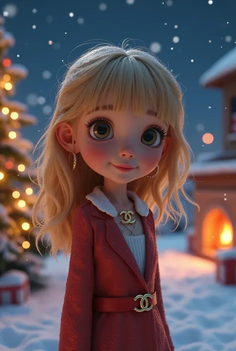 Pixar AI、 blond girl with bangs、 Christmas、night景、night、CHANEL clothing 